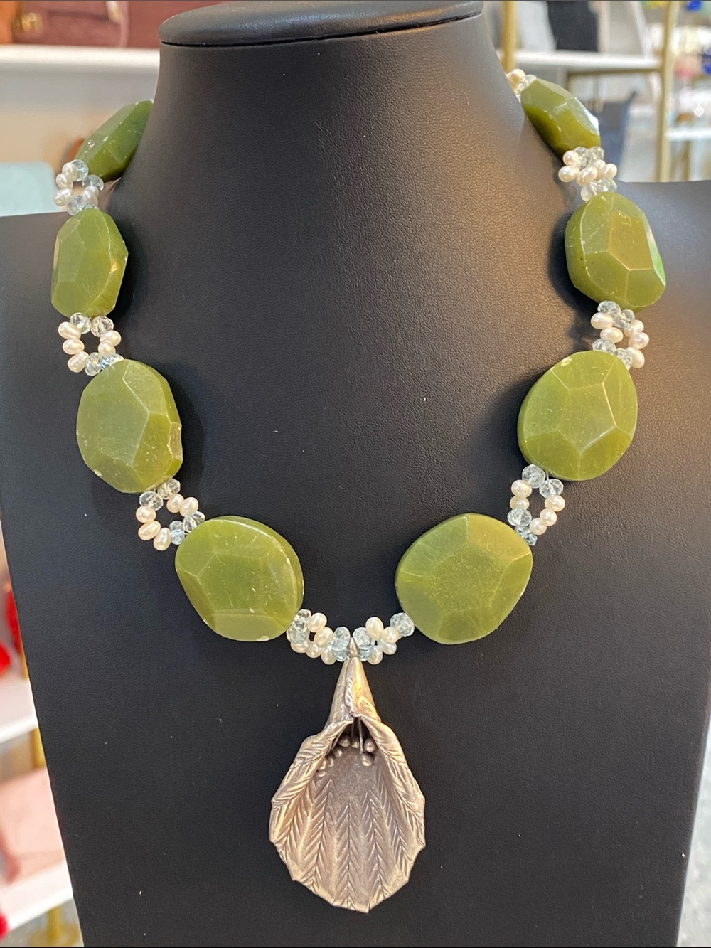 Olive Green Faceted Stone Necklace with Silver Leaf Pendant